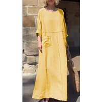 Loose Cotton Linen Maxi Dress Casual Round Neck Long Sleeve Dress for Women