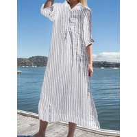 Striped Cotton Linen Shirt Dress Loose Long Sleeve Casual Maxi Dress for Women