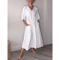 Loose Cotton Linen Maxi Dress Casual V-Neck Mid Sleeve Dress with Pockets