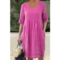 Cotton and Linen Pleated Pocket Casual Dress