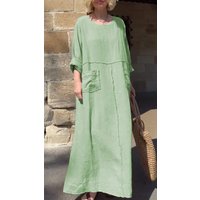 Loose Cotton Linen Maxi Dress Casual Round Neck Long Sleeve Dress for Women