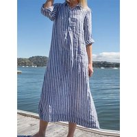Striped Cotton Linen Shirt Dress Loose Long Sleeve Casual Maxi Dress for Women