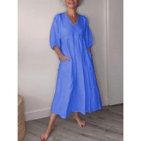 Loose Cotton Linen Maxi Dress Casual V-Neck Mid Sleeve Dress with Pockets