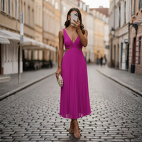Sleeveless Pleated Midi Dress with V-Neck for Women