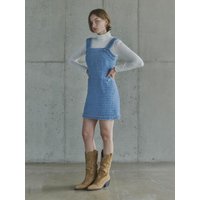 Tweed Square Neckline Sleeveless Mini Dress [Blue]