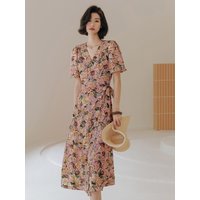 Flower Ribbon V Neck Dress