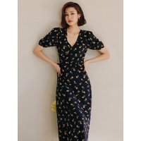 Orange Flower V Neck Dress