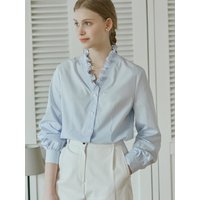 Frill Collar Stripe Blouse Blue