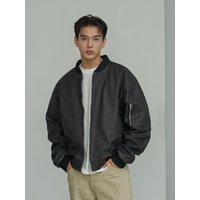 Oversized Washed Faux-Leather Bomber Jacket