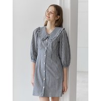 Lace Collar Puff Sleeves Mini Dress Navy