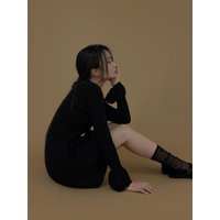 Frill U-neck Rib-knit Dress Matte Black