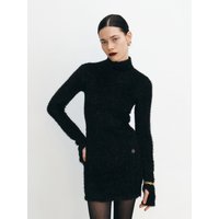 Fuzzy Glitter Knitted Mini Dress, Black