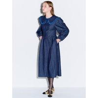 Sailor collar flare long denim dress dark indigo