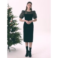 Velvet Organza Slim Fit Balloon Sleeve Dress Y