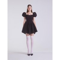 Puff Sleeve Ribbon Detail Babydoll Dress [Black]