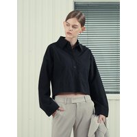 Wide Sleeve Cropped Nylon Blouse [Black]