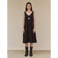Satin Shirring V-neck dress [Black]