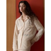 Trimming Pocket Open Collar Blouse [Cream Ivory] OU