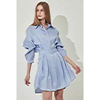 Long Fitted Silk Boyfriend Style Dress [Blue]