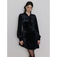 Drape Flare Ribbon Velvet Mini Dress [Black]