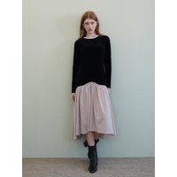 Velvet Shirring Midi Dress [Black & Cream]