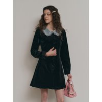 Lace Collar Velvet Classic Dress [Beige]
