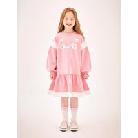 Sporty Color Block Shirred Round Neck Flared dress [Light Pink]