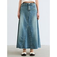 Line Flare Long Denim Skirt [Blue]