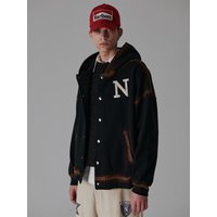 Vintage Leather Patch Cotton Hoodie shirt [Black]