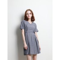 Pleated Linen Cotton Mini Dress [Navy]