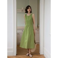 French Holiday Sleeveless Cotton Dress [Green]