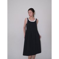 Buckle Gathered Cotton Blend Sleeveless Dress [Navy]
