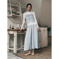 Pleated Retro Elastic Band Vest Top and Dress Set [Sky Blue, Navy]