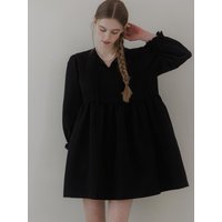 Pin-tuck Shirring Midi Flare Dress [Black] AD