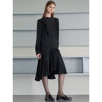 Pleated Collar Shirring Dress [Black]