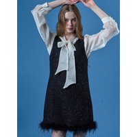Tweed Sequin Layered Feather Mini Dress [BLACK]