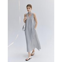 Scarf Collar Sleeveless Flowing Dress [Blue GrayBrown]