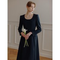 DAHLINA U-neck flared long dress IvoryDeep navy