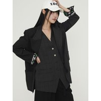 Solid Mix Check Relaxed Fit Blazer [Dark Grey] LFVASGYD
