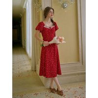 Puff Sleeve Polka Dot Midi Dress [Red]