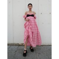 Check Ruffle Off Shoulder Maxi Dress [Red]