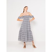 Check Ruffle Off Shoulder Maxi Dress [Black]