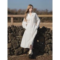 Cotton V-neck Asymmetrical Shirt Dress [Beige]