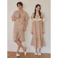 Cotton Short-Sleeve Round Neck One-Piece Pajama Dress [Orange]