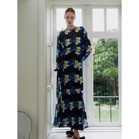 Floral Empire Line Polyester Dress [Black]