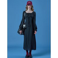 Bohemian Puff Ribbon Flared Maxi Long Dress [BLACK]