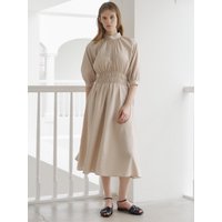 Mock Neck Shirring Raglan Sleeve Maxi Dress [BEIGE]