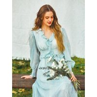 Ruffle Shirring Lovely Maxi Long Dress [BLUE]