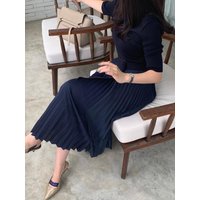 Pleated Belt Knit Dress [DARK NAVY]