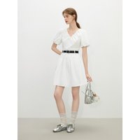 Belted V-neck Puff Sleeve Dress
